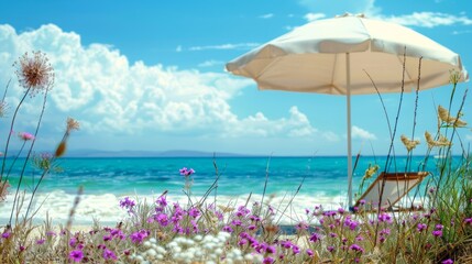 Beachside Relaxation Under a Parasol Among Wildflowers