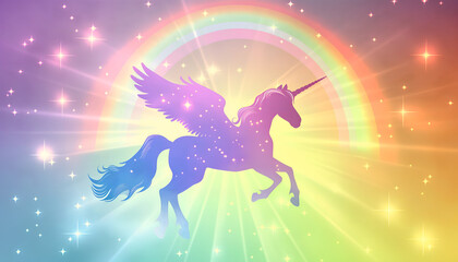 Fototapeta na wymiar unicorn silhouette with stars and rainbow background . Magic wallpaper with Pegasus 