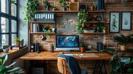 productivity in a modern digital workspace with a panoramic view of a well-organized desk, complete with dual monitors and stylish office accessories.