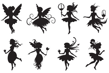 Set of silhouettes of fairies vector isolated on white background. Magical fairies in the cartoon style