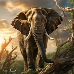 b'Elephant standing on a rock in the middle of a forest with a sunset in the background'