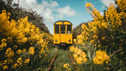 b'Yellow train on tracks through field of yellow flowers' - obrazy, fototapety, plakaty