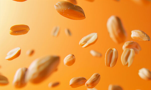 Peanut nuts falling explosion splash in realistic closeup shot, background for advertising banner or poster. Roasted peanuts nuts falling explode in macro close up for nuts food product ad poster
