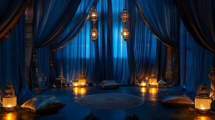 Solemn Islamic Occasions: A Ceremonial Setting with Blue Draperies and Golden Lamps