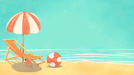 Illustration of an umbrella, sunbed and ball on the beach, space for text 