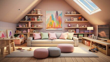 b'Cozy and colorful attic playroom with lots of toys and a large sofa'