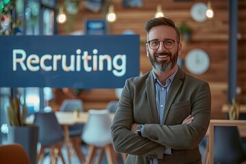 Recruitment concept image with a young man recruitment consultant manager in office next to a sign Recruiting