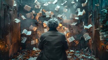 Person Back View, Surrounded By Scattered Pieces Of Paper Representing Forgotten Memories