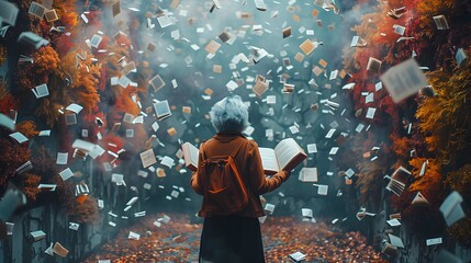 Person Back View, Surrounded By Scattered Pieces Of Paper Representing Forgotten Memories