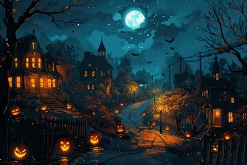 Fototapeta na wymiar b'Spooky Halloween Night in a Haunted Village'