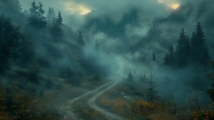 Winding Path Through A Misty Forest
