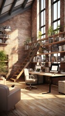 Obraz na płótnie Canvas b'Home office interior design with brick walls, large windows, wooden floors, and a comfortable desk and chair'