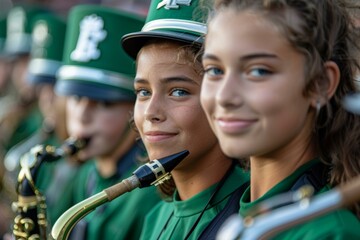 Two female high school students in a marching band wearing green uniforms and playing the saxophone - obrazy, fototapety, plakaty