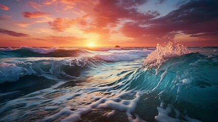 b'Beautiful sunset over the ocean with large crashing wave' - obrazy, fototapety, plakaty