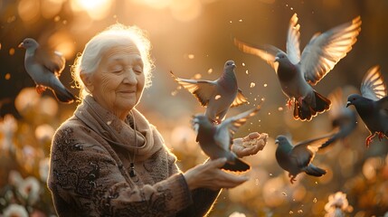 Senior Woman Offering Breadcrumbs To A Flock Of Pigeons