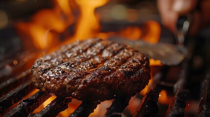 Sizzling Burger Patty On A Flaming Grill
 - obrazy, fototapety, plakaty
