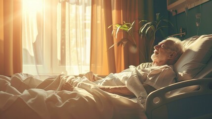 An elderly man in bed in close-up. Elderly care, hospice care. Long-term care for the elderly, rehabilitation