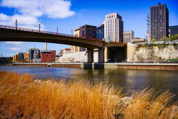 St. Paul City in Minnesota, skyline, skyscrapers, and Wabasha Street Bridge over the Mississippi River in the Upper Midwestern United States, at Harriet Island Regional Park