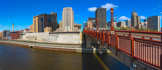 St. Paul City in Minnesota, skyline, skyscrapers, and Wabasha Street Bridge over the Mississippi River in the Upper Midwestern United States