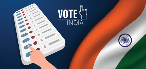 vote india vector poster hand press button of evm machine for voting with India flag
