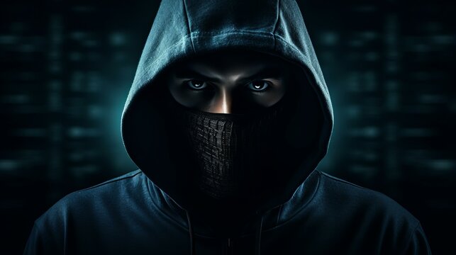 b'A dark figure wearing a black hoodie and a mask'