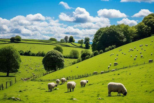b'Grazing sheep on a lush green hillside'