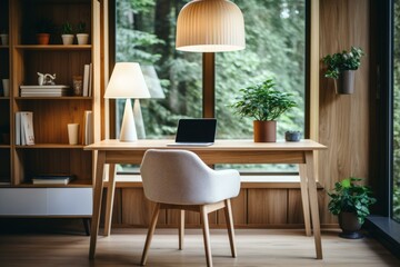 b'A wooden desk and chair in a home office with a large window looking out onto a forest'