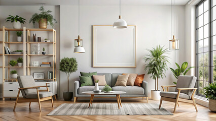 The well-lit, airy living room is furnished with a grey sofa with ornate cushions and trimmed with mid-century modern armchairs, and above it a large, empty frame hangs on the wall.AI generated. - obrazy, fototapety, plakaty