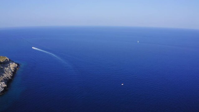 Drone flight above Anthony Quinn Bay in Faliraki, Rhodes Island, Greece