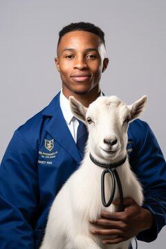 b'Young African-American male FFA member with goat'