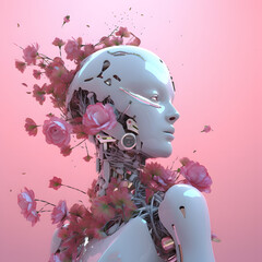 Robot Inteligencia artificial en un paisaje futurista rodeado de flores. Color rosa. Sci-fi. Flores. IA. Robot. Generado con IA. - obrazy, fototapety, plakaty