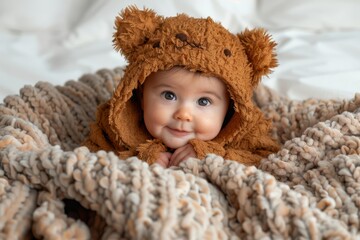 "An adorable baby wearing a bear onesie is laying on a fluffy blanket and smiling at the camera."