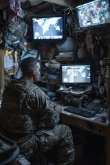 b'A soldier works at a computer in a military operations center.'