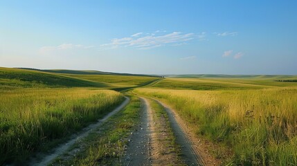 Fototapeta na wymiar b'Dirt road through a lush green field'