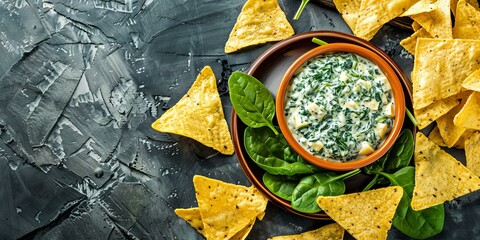 b'Spinach Artichoke Dip with Tortilla Chips' - obrazy, fototapety, plakaty