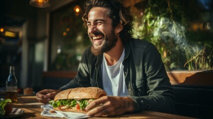 b'Bearded man eating a sandwich and laughing'