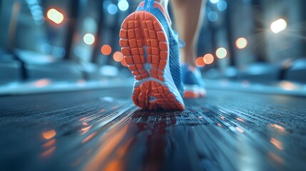 Close-up of a running shoe sole on a treadmill in a gym. Fitness and exercise concept for poster, wallpaper, and banner.