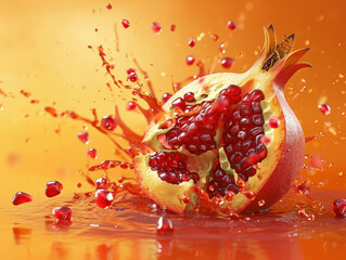 Fresh pomegranate being splashed with water on a vibrant orange background in a refreshing still life composition