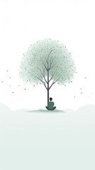 Minimalistic 2D vector artwork of a lone character sitting under a tree, using soft pastel colors and a clean, white background for text, - obrazy, fototapety, plakaty