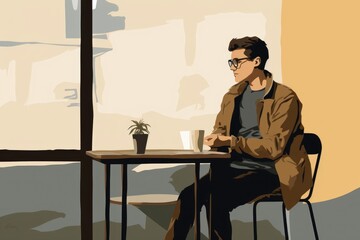 2D digital drawing of an individual sitting at a cafe table, portrayed in a simplified graphic style, with a clear focus and space for branding, - obrazy, fototapety, plakaty