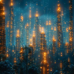 City of skyscrapers with futuristic architecture in the middle of a forest at night.