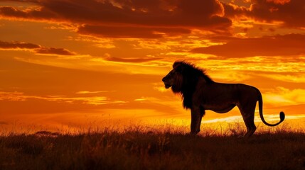 A majestic lion silhouette standing tall on an African savannah the orange sunset painting the sky behind it..