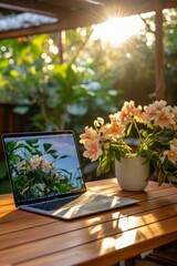 b'Still life of a laptop and flowers on a wooden table'