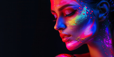 Stunning model with neon paint on her face, dark background