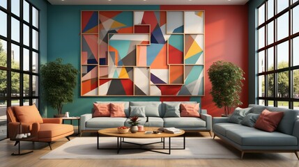 b'Modern living room interior with colorful geometric wall art'