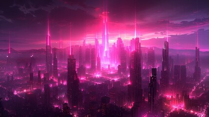 A beautiful painting of a cyberpunk city at night with a pink sky and glowing lights.