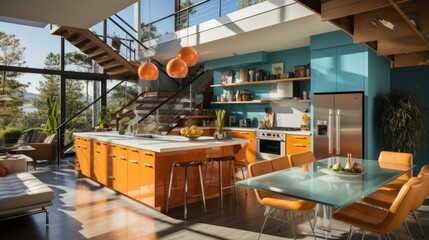 b'Blue and orange modern kitchen interior design' - obrazy, fototapety, plakaty