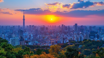 A beautiful sunset over the city of Tokyo, Japan.