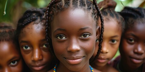 b'Portrait of a young African girl with three friends in the background' - obrazy, fototapety, plakaty