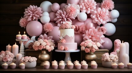 b'Pink and white flowers and balloons for a birthday party'